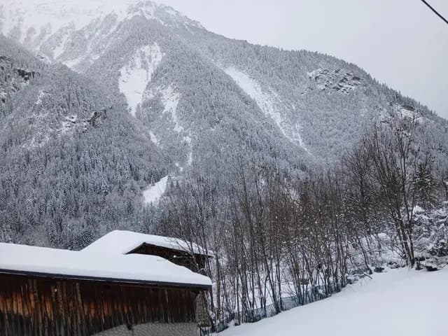 La montagne enneigée dominant le toit de l'ancienne grange